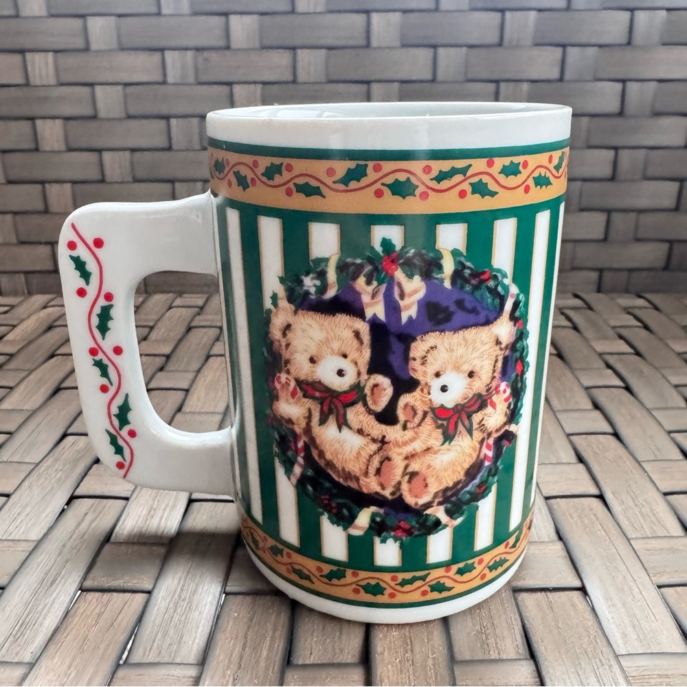 Vintage Houston Foods Teddy‎ Bear Festive Christmas Mug Green Stripes 16oz